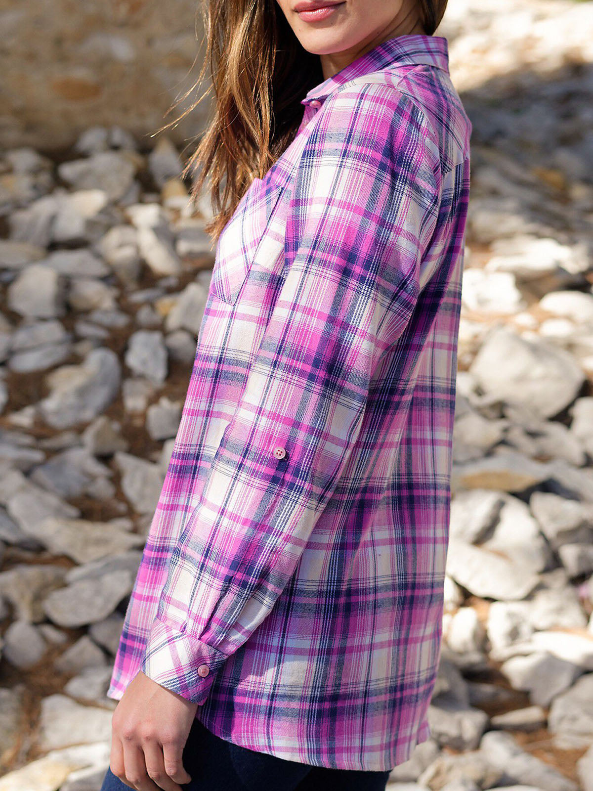 Ladies Indigo Plaid Checked Cotton Long Sleeve Shirt Tops