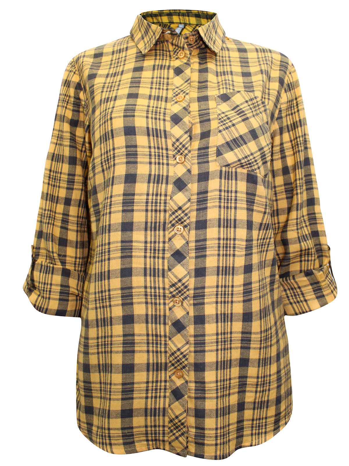Ladies Ochre Pure Cotton Roll Sleeve Checked Shirt