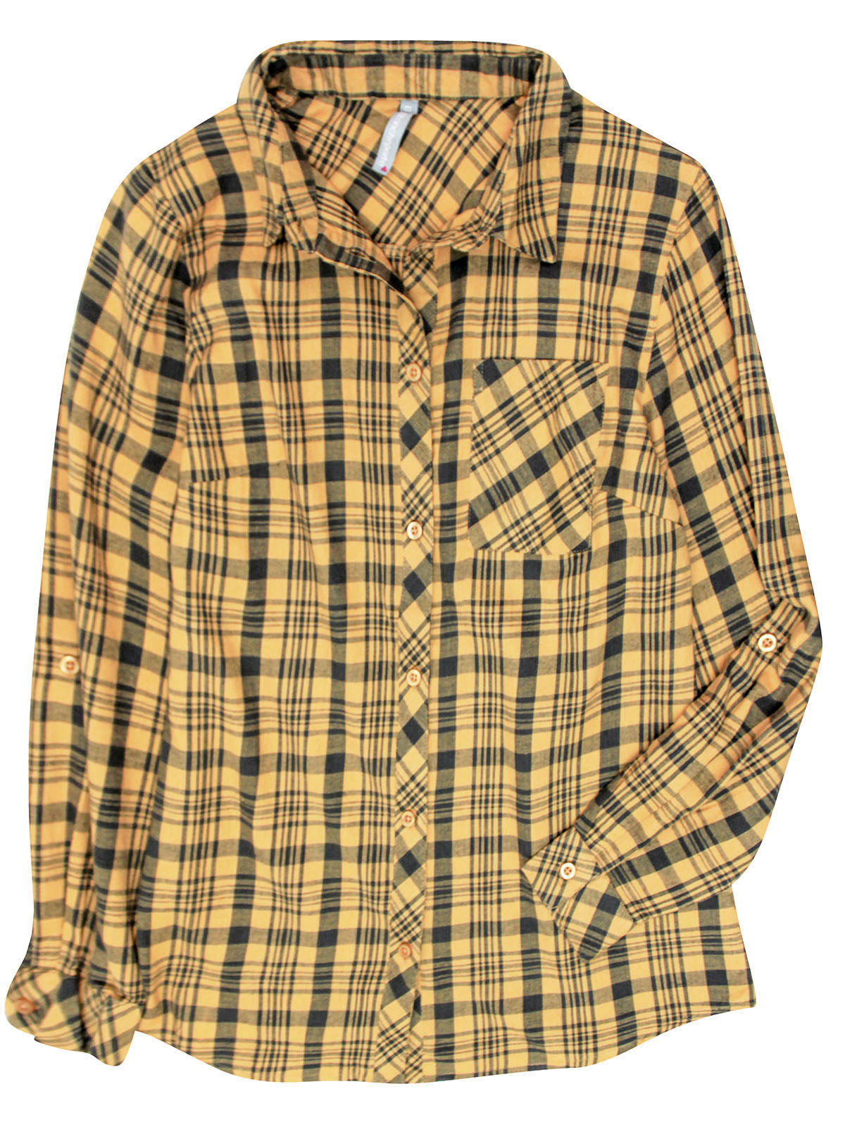 Ladies Ochre Pure Cotton Roll Sleeve Checked Shirt