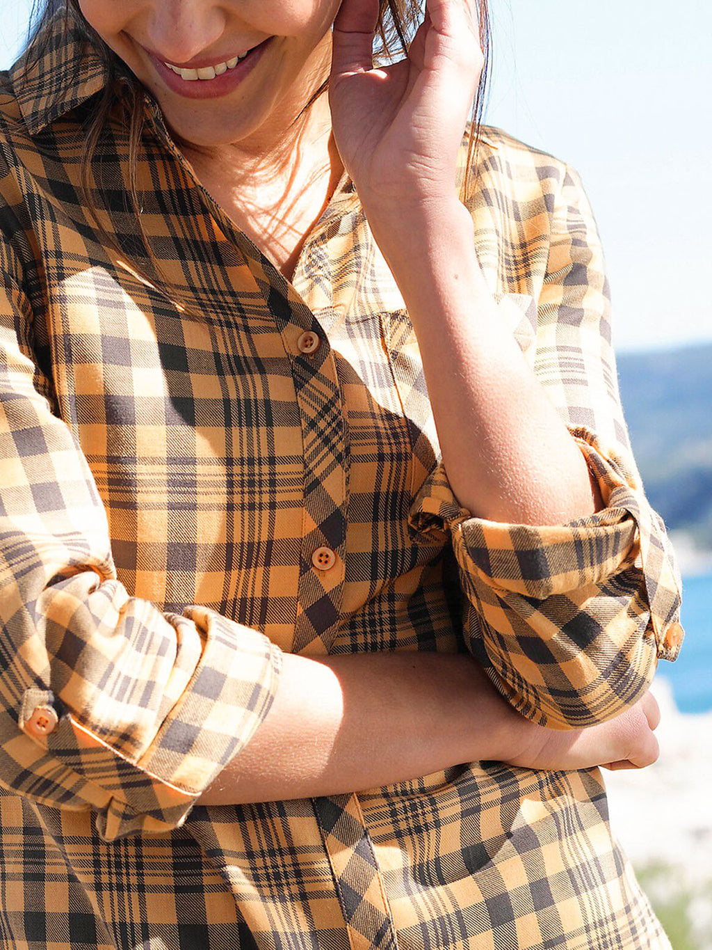 Ladies Ochre Pure Cotton Roll Sleeve Checked Shirt