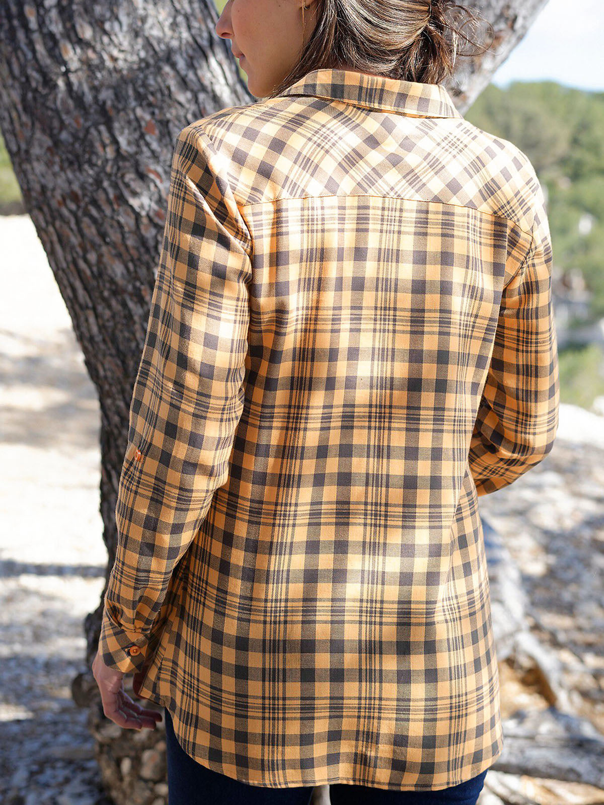 Ladies Ochre Pure Cotton Roll Sleeve Checked Shirt