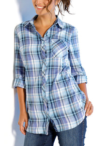 Ladies Blue & Lilac Mix Plaid Checked Cotton Long Sleeve Shirt Tops