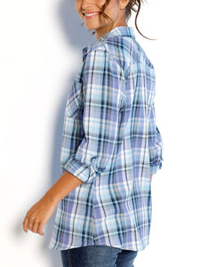 Ladies Blue & Lilac Mix Plaid Checked Cotton Long Sleeve Shirt Tops