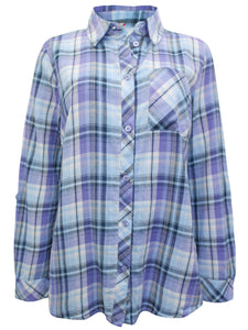Ladies Blue & Lilac Mix Plaid Checked Cotton Long Sleeve Shirt Tops