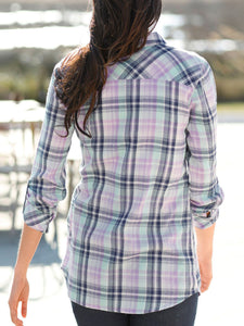 Ladies Turquoise Multi Plaid Button Cotton Plus Size Long Sleeve Shirt Tops