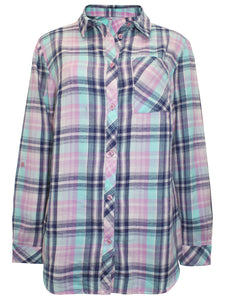 Ladies Turquoise Multi Plaid Button Cotton Plus Size Long Sleeve Shirt Tops