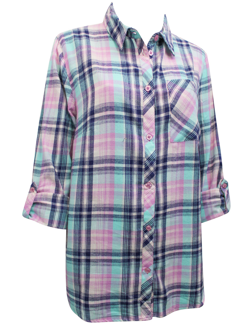 Ladies Turquoise Multi Plaid Button Cotton Plus Size Long Sleeve Shirt Tops