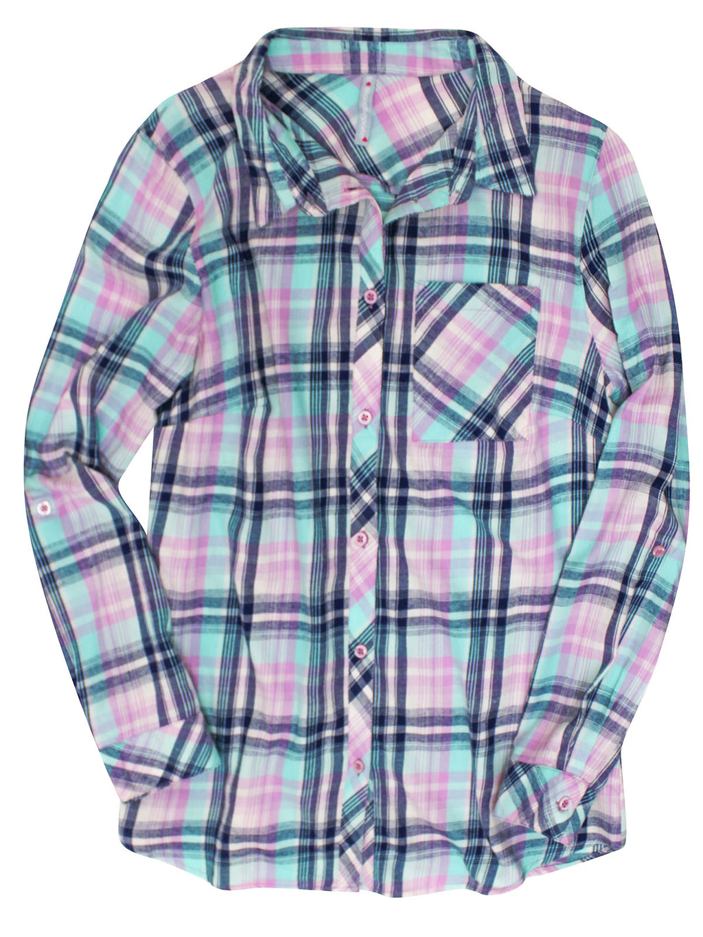 Ladies Turquoise Multi Plaid Button Cotton Plus Size Long Sleeve Shirt Tops