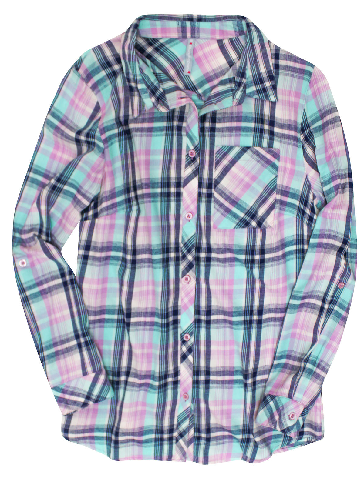 Ladies Turquoise Multi Plaid Button Cotton Plus Size Long Sleeve Shirt Tops