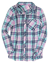 Load image into Gallery viewer, Ladies Turquoise Multi Plaid Button Cotton Plus Size Long Sleeve Shirt Tops
