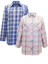 Load image into Gallery viewer, Ladies Blue &amp; Pink Mix Plaid Button Check Cotton Plus Size Long Sleeve Shirt Top
