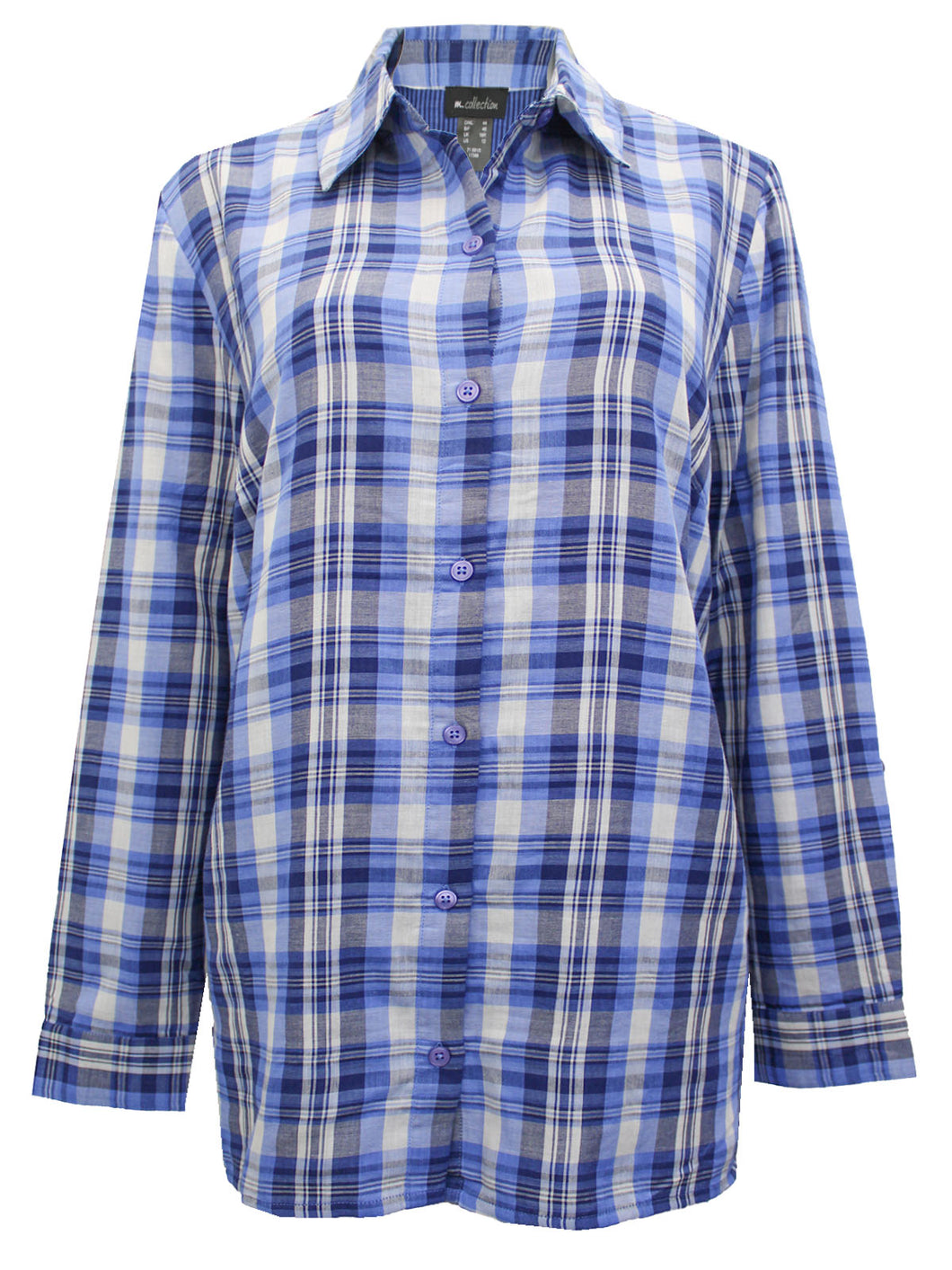 Ladies Blue & Pink Mix Plaid Button Check Cotton Plus Size Long Sleeve Shirt Top