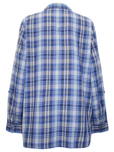 Ladies Blue & Pink Mix Plaid Button Check Cotton Plus Size Long Sleeve Shirt Top