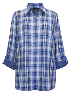 Ladies Blue & Pink Mix Plaid Button Check Cotton Plus Size Long Sleeve Shirt Top