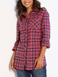 Ladies Red & Black Multi Plaid Checked Cotton Long Sleeve Shirt Tops