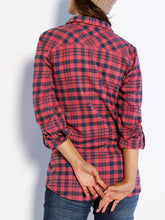 Load image into Gallery viewer, Ladies Red &amp; Black Multi Plaid Checked Cotton Long Sleeve Shirt Tops
