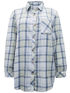 Ladies Blue Yellow Mix Plaid Button Cotton Plus Size Long Sleeve Shirt Tops