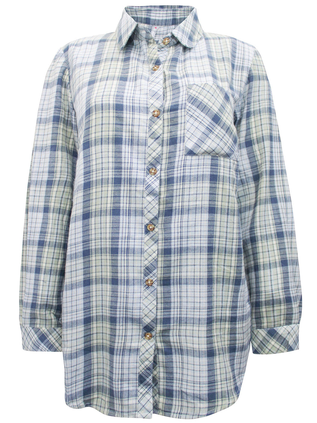Ladies Blue Yellow Mix Plaid Button Cotton Plus Size Long Sleeve Shirt Tops