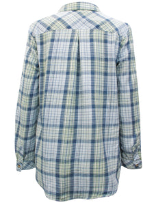Ladies Blue Yellow Mix Plaid Button Cotton Plus Size Long Sleeve Shirt Tops