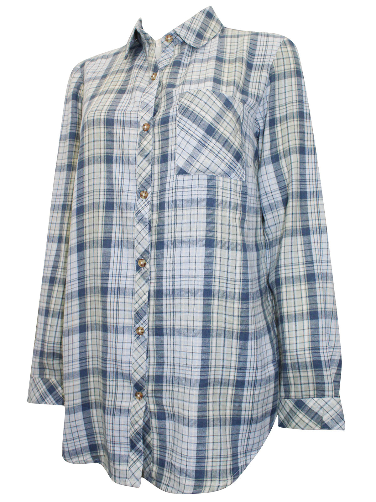 Ladies Blue Yellow Mix Plaid Button Cotton Plus Size Long Sleeve Shirt Tops