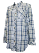 Load image into Gallery viewer, Ladies Blue Yellow Mix Plaid Button Cotton Plus Size Long Sleeve Shirt Tops
