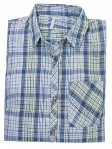 Ladies Blue Yellow Mix Plaid Button Cotton Plus Size Long Sleeve Shirt Tops