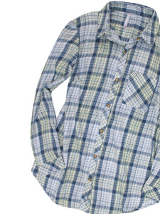 Ladies Blue Yellow Mix Plaid Button Cotton Plus Size Long Sleeve Shirt Tops