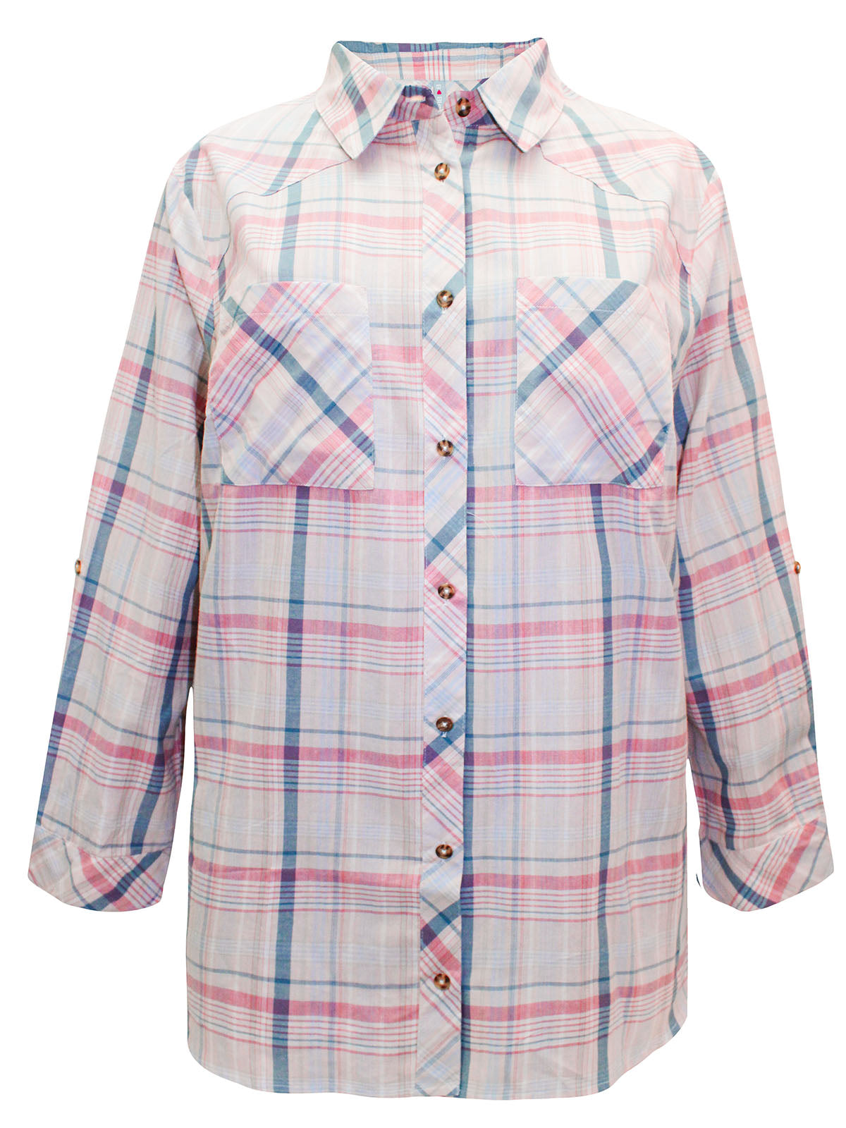 Ladies Blue & Pink Mix Plaid Button Check Cotton Plus Size Long Sleeve Shirt Top