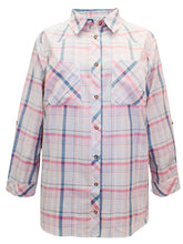 Load image into Gallery viewer, Ladies Blue &amp; Pink Mix Plaid Button Check Cotton Plus Size Long Sleeve Shirt Top
