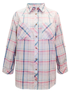 Ladies Blue & Pink Mix Plaid Button Check Cotton Plus Size Long Sleeve Shirt Top