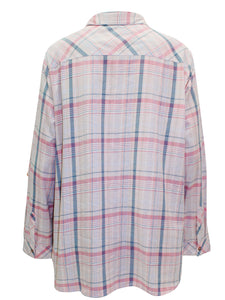 Ladies Blue & Pink Mix Plaid Button Check Cotton Plus Size Long Sleeve Shirt Top