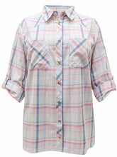 Load image into Gallery viewer, Ladies Blue &amp; Pink Mix Plaid Button Check Cotton Plus Size Long Sleeve Shirt Top
