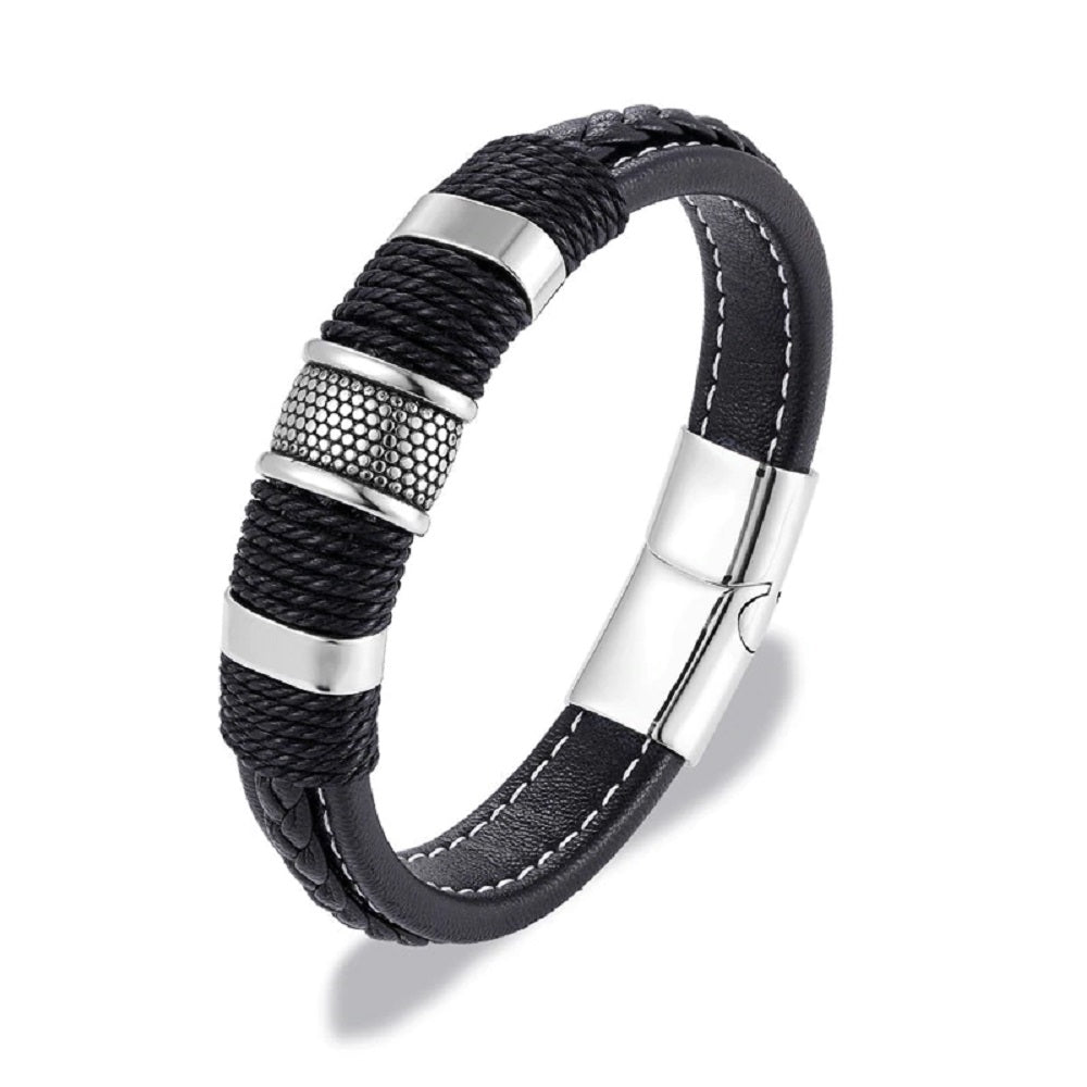 Mens Multilayer Braided Leather &amp; Stainless Steel Bars Magnetic Clasp Bracelets