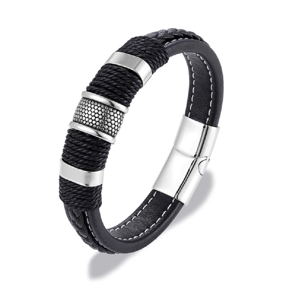 Mens Multilayer Braided Leather & Stainless Steel Bars Magnetic Clasp Bracelets