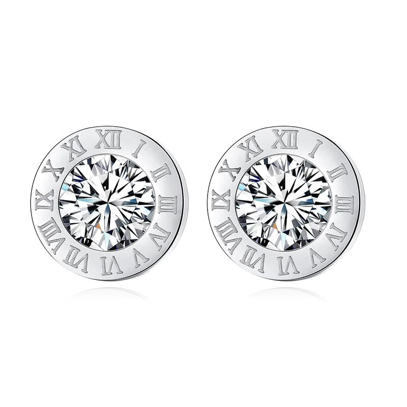 Unisex Silver Round Crystal Centre Anti Allergy Stainless Steel Numeral Earrings