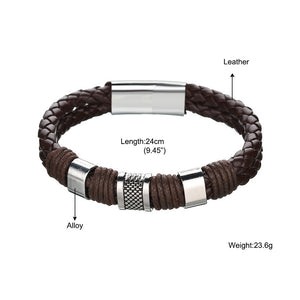 Mens Multilayer Braided Leather &amp; Stainless Steel Bars Magnetic Clasp Bracelets