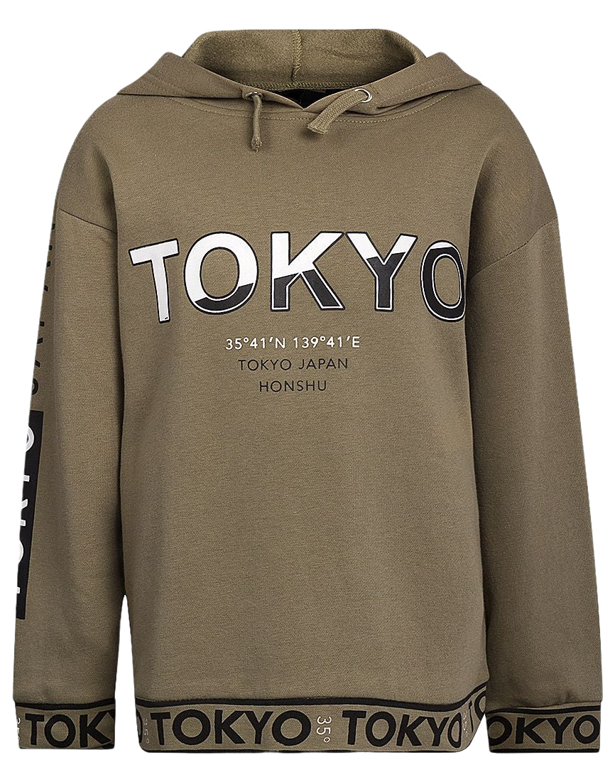 Boys Olive Green Tokyo Print Soft Fleece Inner Hoody