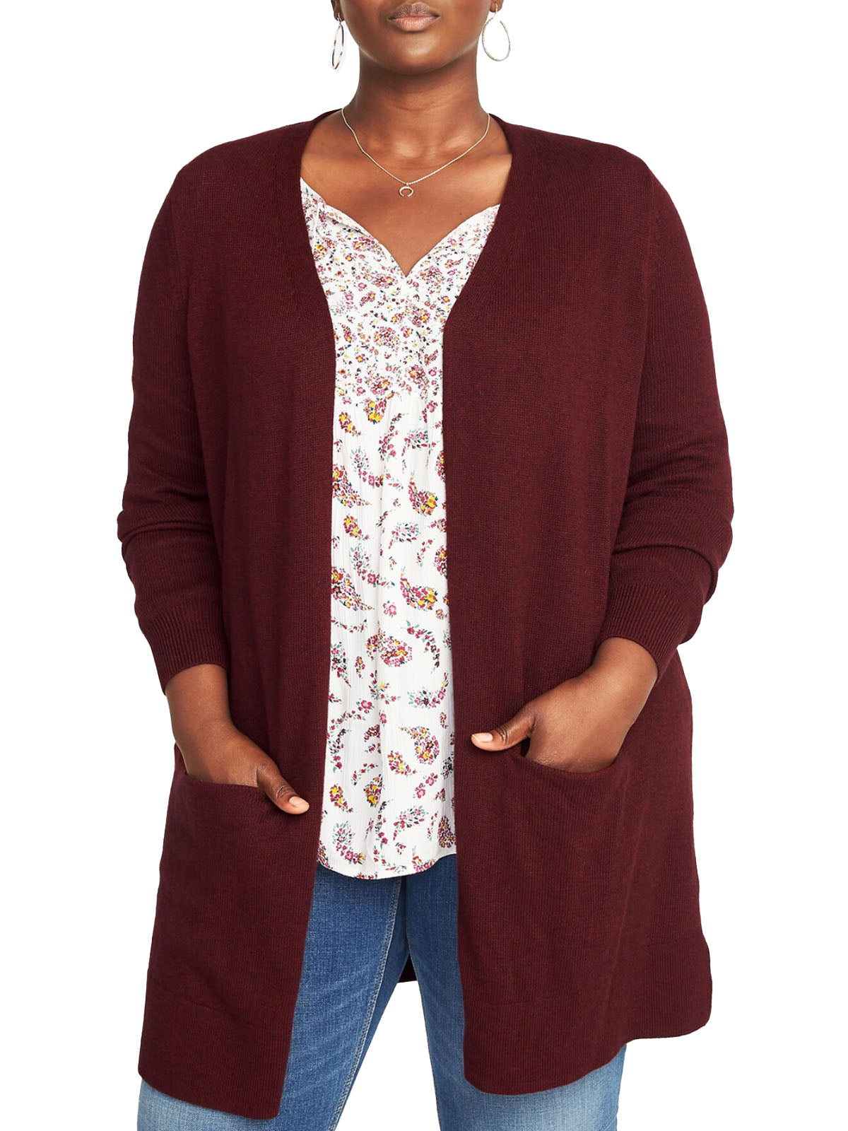 Ladies Long Line Open Front Pocket Long Sleeve Cardigan