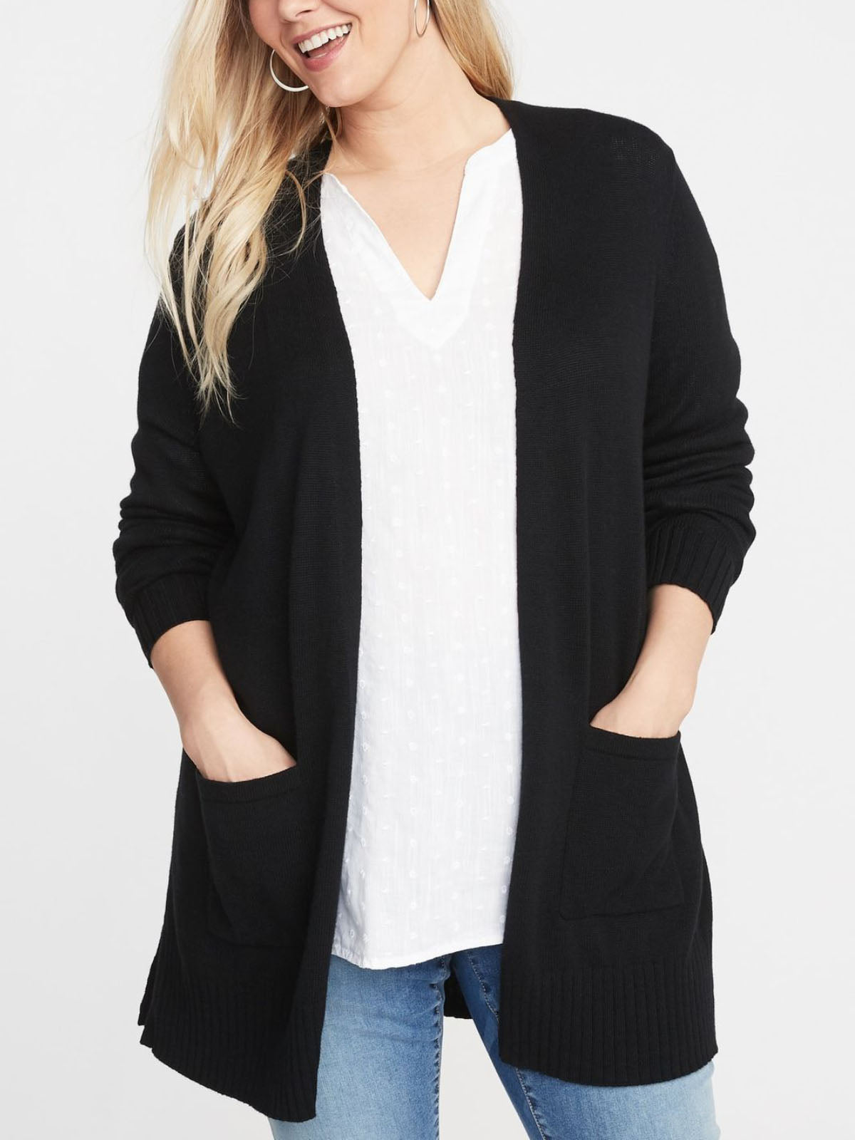 Ladies Long Line Open Front Pocket Long Sleeve Cardigan