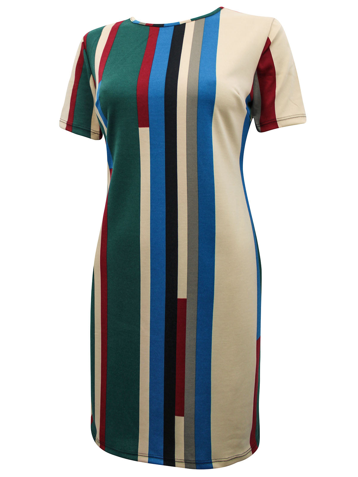 Ladies Multi Color Block Striped Tunic Short Sleeve Dress