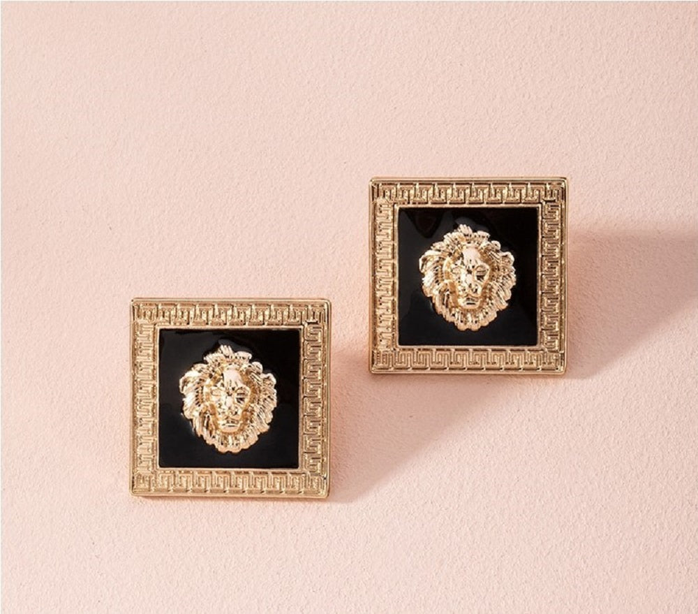 Lion Head Medusa Square Great Wall Stud Earrings