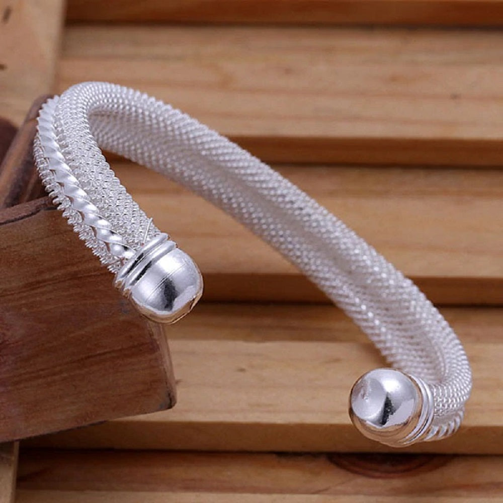 Stylish Thick Sterling Silver Basket Weave & Twirl Middle Bangle