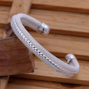 Stylish Thick Sterling Silver Basket Weave & Twirl Middle Bangle