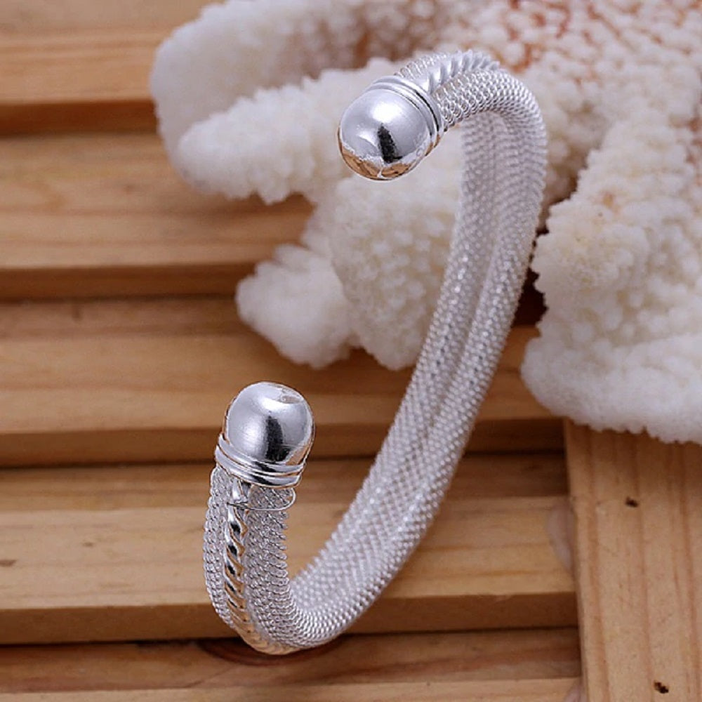 Stylish Thick Sterling Silver Basket Weave & Twirl Middle Bangle