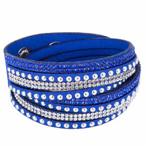 Unisex Royal Blue Rhinestone Paved Leather Bracelet