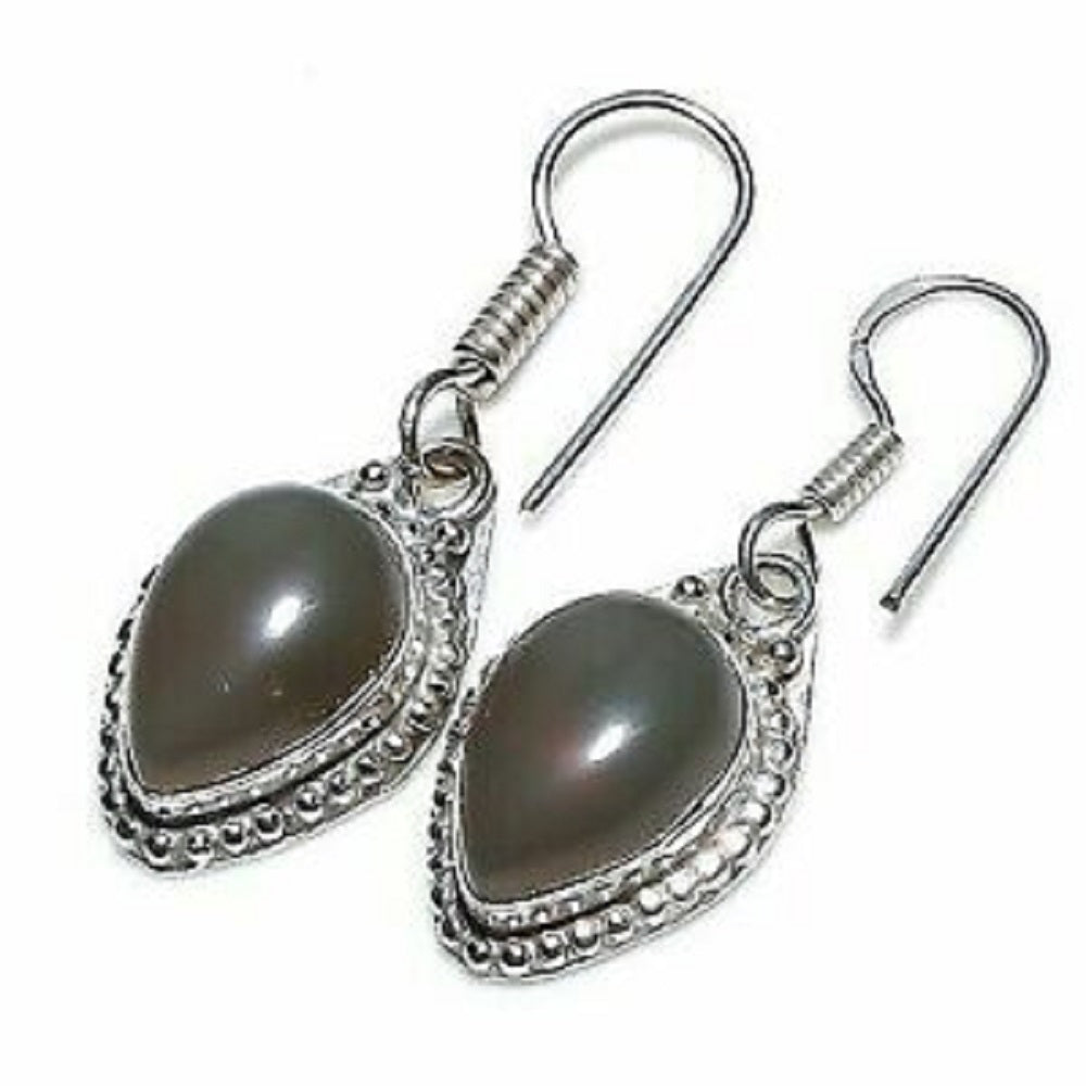 Vintage Handmade Silver Plated Oval Mud Chalcedony Gemstone Hook Earring