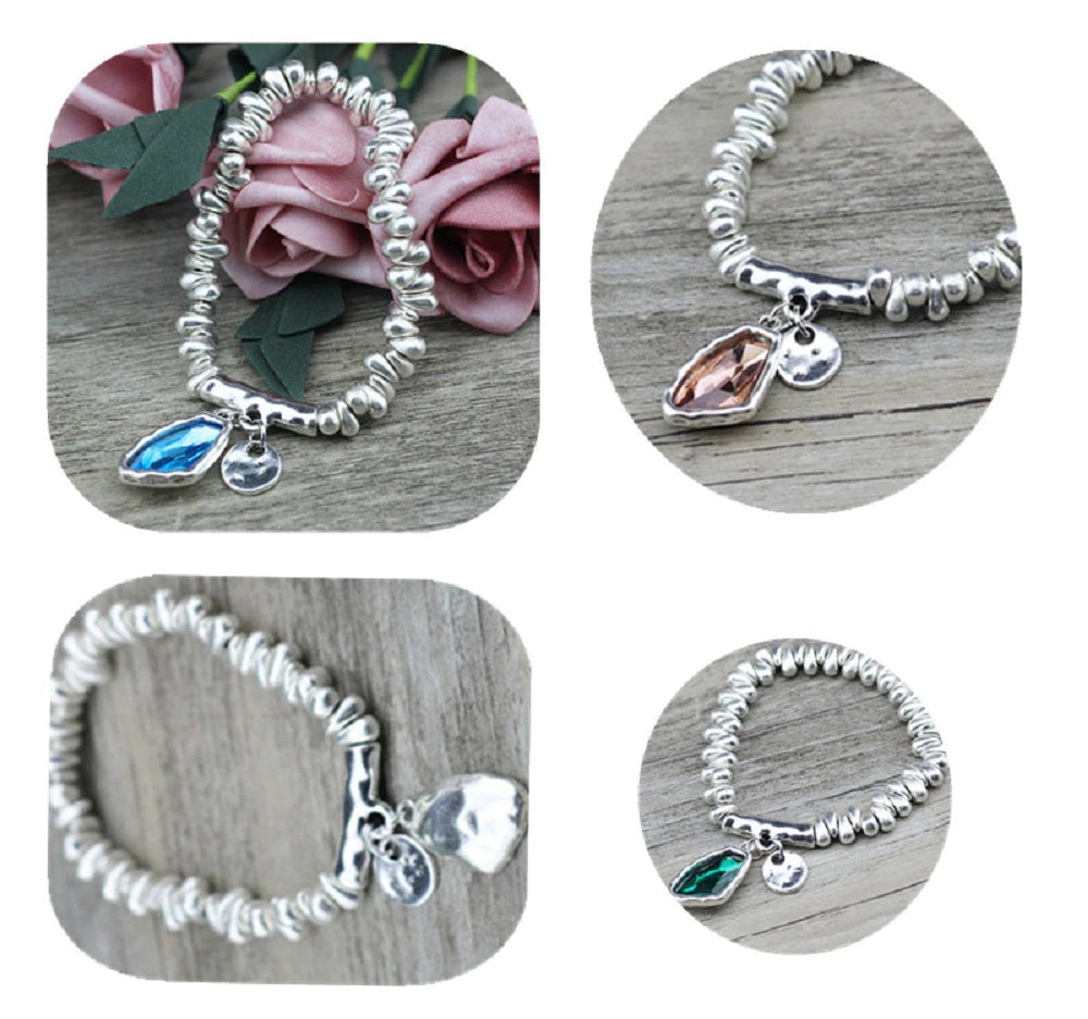 Silver Pebbles Expandable Crystal Charm Bracelets