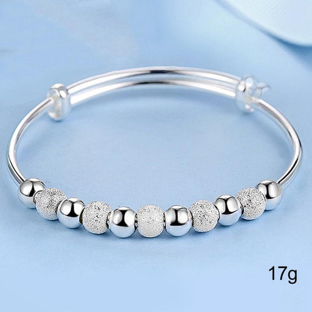 Ladies 925 Sterling Silver Smooth Frosty Beads Adjustable Bracelet Womens Bangles