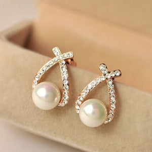 Ladies Gold Plated Cross Pearl Crystal Stud Earrings