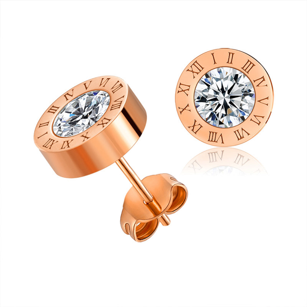 Unisex Rose Gold Round Crystal Centre Anti Allergy Stainless Steel Numeral Earrings